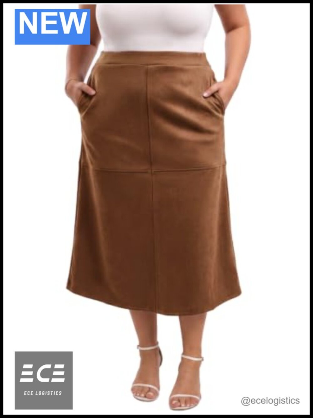 Faux Suede A-Line Midi Skirt High Waist Elastic Waist Pockets